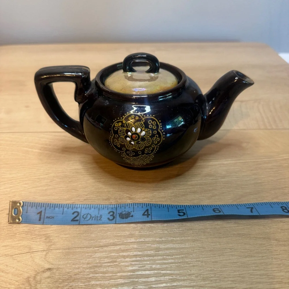 Vintage Moriage Style Hand Painted Ceramic Teapot Brown Gold Floral Boho Decor
